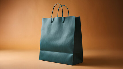 Teal paper shopping bag on brown background Mockup, showcasing product placement potential, ideal for branding and advertising