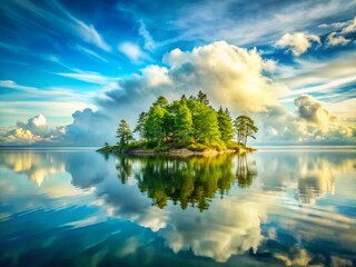 Obraz premium Serene Loftahammar Island: Double Exposure of Calm Sea, Trees, and Clouds in Sweden
