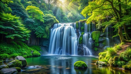 Serene Japanese Waterfall: Lush Greenery & Mid-Morning Sunlight - Stock Photo