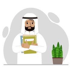 A muslim man holds a stack of books in one hand, a clipboard in the other, space for text. Knowledge, education, teaching, personal improvement, reading list.