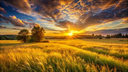 Obraz premium Serene Golden Hour Meadow Sunset: Grassy Landscape Photography