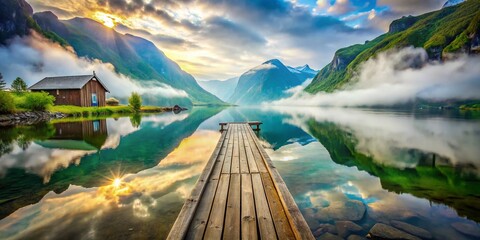 Serene Fjord: Wooden Dock Double Exposure Stock Photo