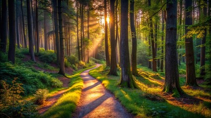 Fototapeta premium Serene Dusk Forest Path: Winding Trail Through Tranquil Woods
