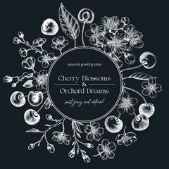 Summer greeting card, engraved style. Cherry blossom, sakura flowers, berry fruit hand drawn vector illustration. NOT AI generated