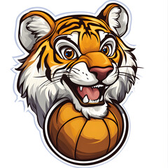 Fototapeta premium Tiger Cartoon Sports Logo: Colorful Basketball Mascot Illustration with Fierce and Playful Style