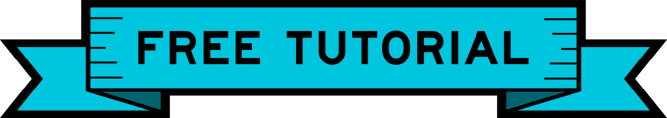 Ribbon label banner with word free tutorial in blue color on white background