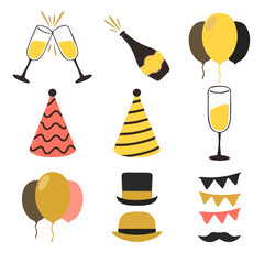 Colorful Party Icons: Hats, Balloons, Champagne Glasses and Mustache