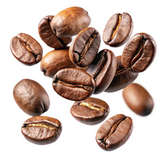 Obraz premium Roasted Coffee Beans Falling in the Air, Closeup View of Aromatic Coffee Beans