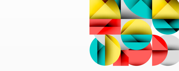 Abstract geometric artwork with overlapping circles and gradients, circle square triangle shapes background featuring sharp angular cuts, smooth shading, and structured layered composition