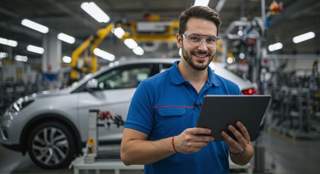 Innovation and Precision: A skilled automotive engineer smiles, holding a tablet in a modern, high-tech car factory, symbolizing technology and industrial expertise.