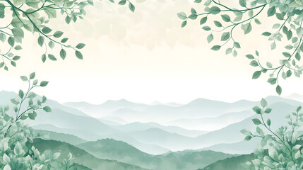 Gentle mountains stretch across the horizon, softly blending with the morning sky while leaves frame the view