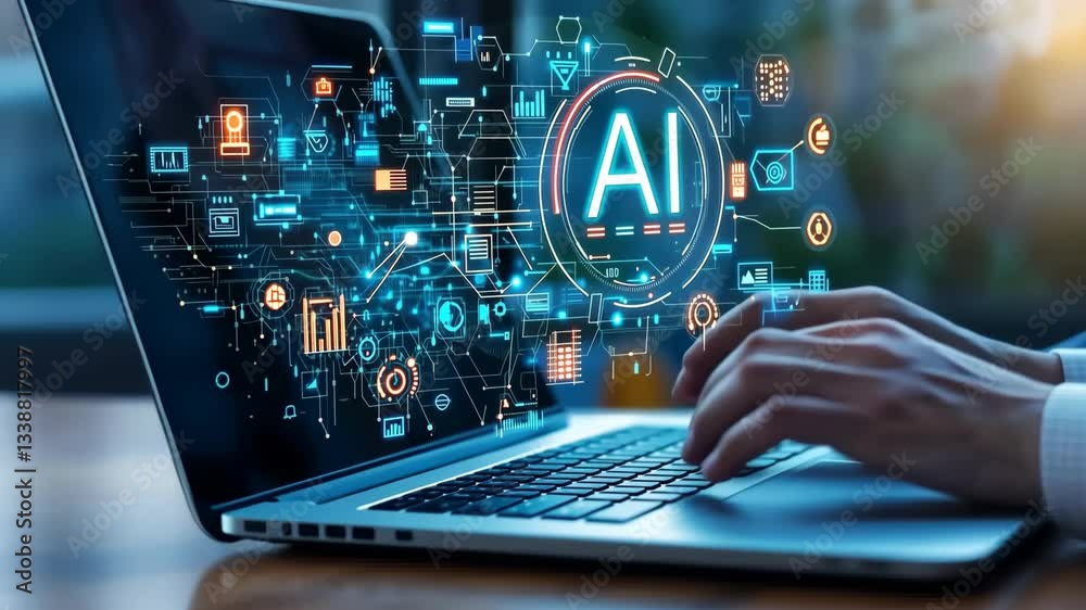 Poster A dedicated individual focuses on a sleek laptop displaying vibrant AIgenerated graphics, symbolizing the fusion of artificial intelligence with modern business strategies and practices