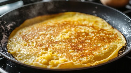 Frying crepe pancake pan with gratet potato on hot cooker hob