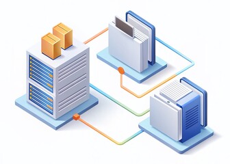Secure FTP File Transfer & Backup: Isometric Illustration of Data Exchange and Server Synchronization