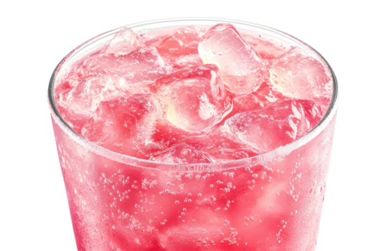 Refreshing pink drink with ice in a glass, bright background