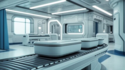 Stacked Containers on Conveyor Belt in a Futuristic Laboratory Setting