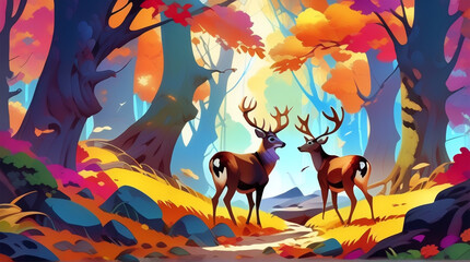 A pair of deer in a beautiful mysterious forest in autumn. Colorful landscape with colorful trees with orange and red leaves. Landscape with a path in the forest. Generate Ai Stock Illustration.