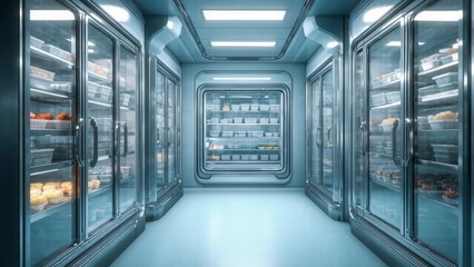 Interior of a Modern Industrial Walk-In Freezer with Bright Lighting
