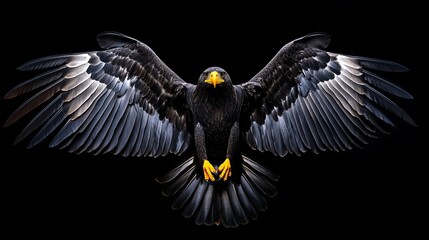 Fototapeta premium Eagle with wings fully outstretched showcases intricate feather patterns and bright yellow beak and claws against a stark black background in a captiv