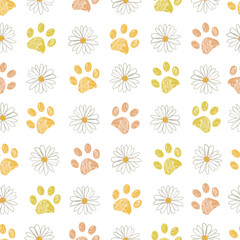 Daisies and doodle paw prints seamless fabric design pattern