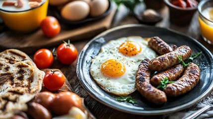 Full breakfast with on table sausage eggs and tomato