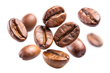 Fototapeta premium Roasted Coffee Beans Falling in Air Closeup View Multiple Brown Seeds