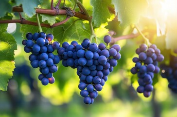 Fototapeta premium Vibrant purple grapes hanging on vines in sunlit vineyard.