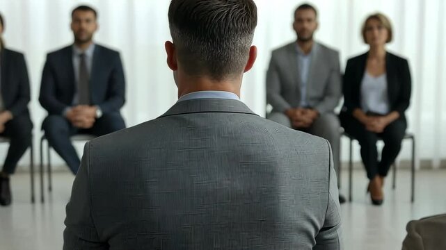 In a job interview, a candidate in a sharp gray suit confidently faces a panel of serious interviewers, highlighting the formal dynamics and high stakes of modern business recruitment