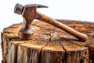 Rusty Vintage Hammer & Nail on Wood Stump - Close-Up Stock Photo