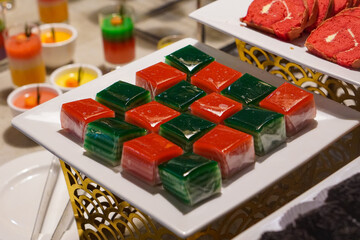 Colorful Ramadan agar jelly dessert, captured on March 17, 2025. This sweet and refreshing treat is perfect for iftar, featuring vibrant layers and a smooth texture