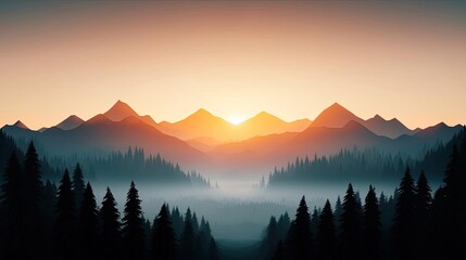 Obraz premium Misty mountains scenic view landscapes concept. Serene sunset over misty mountains with dense forest, capturing nature's tranquility.