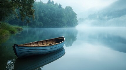 Serene composition of a boat gracefully floating on a calm lake surrounded by lush nature creating a peaceful scene