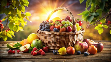 Rustic Wooden Table with Wicker Basket of Fresh Summer Fruits - High-Resolution Stock Photo