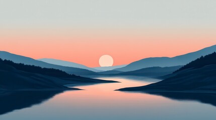 Obraz premium Serene Sunset over Mountain Lake Minimalist Landscape