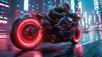 Obraz premium A sleek motorcycle racing through a neon-filled futuristic city 