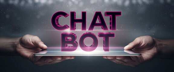 Two hands hold tablet showcasing 3D text "Chat Bot", representing digital communication and AI assistance, ideal for tech and communication concepts
