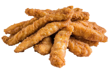 Crispy fried chicken strips stacked on a white background