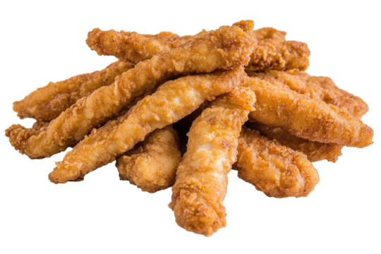 Crispy fried chicken strips stacked on a white background
