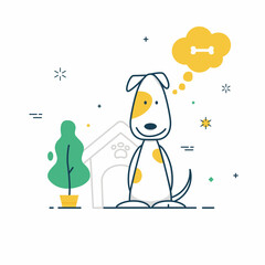 Cute Cartoon Dog Dreaming of a Bone Near its House