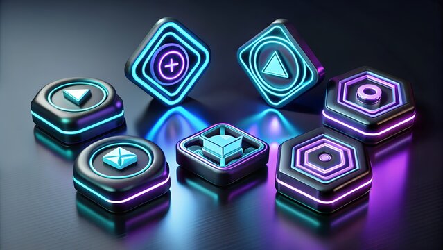 Futuristic Glowing Interface Buttons Pulse With Vibrant Neon Light, Showcasing A Digital Universe Of Interactive Possibilities And Sleek, Modern Design