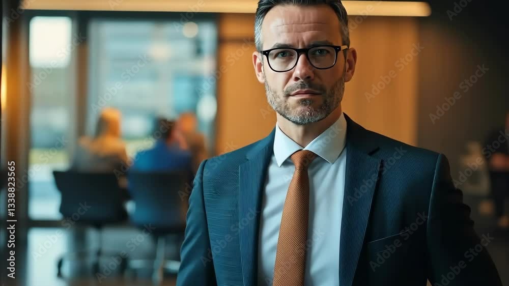 Poster a confident business executive stands in a modern office while a team of professionals collaborates,