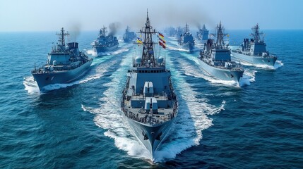 Naval fleet formation in open water. Multiple warships in a precise formation, heading in the same direction