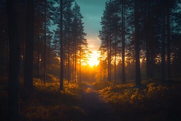 Obraz premium early morning in the forest, the sun has just risen, a ray of sunlight shines directly from the front