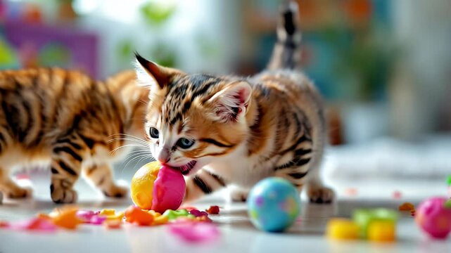 Playful Kittens with Colorful Eggs on White Floor