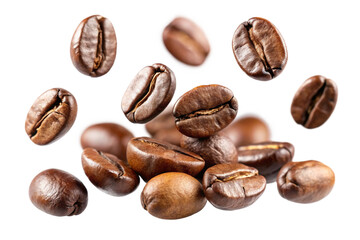 Naklejka premium Roasted Coffee Beans Falling and Stacked on Black Background, Aromatic Coffee Beans Closeup