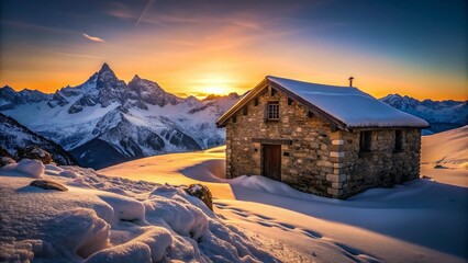 Fototapeta premium Rustic Stone Winter Wonderland Silhouette Pattern - Snowy Mountain Landscape