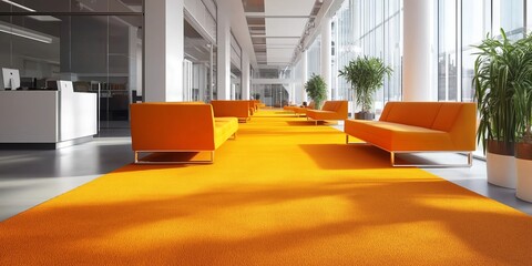 A sleek modern office design featuring orange accents, creating an open and inviting workspace atmosphere.