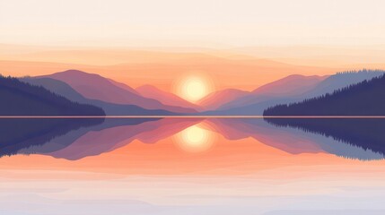Fototapeta premium Serene Sunset over Calm Lake and Mountain Range Reflection