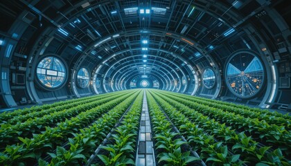 Innovative agricultural technology futuristic greenhouse indoor farming sci-fi environment wide angle view sustainable growth concepts for future food security