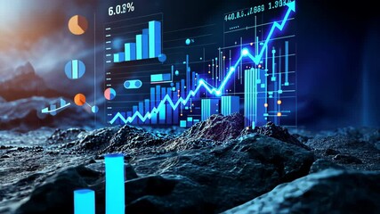 Financial Growth on Mountain: An impressive financial growth chart, with its blue lines and bars, ascends dramatically from a rocky, mountain-like terrain.